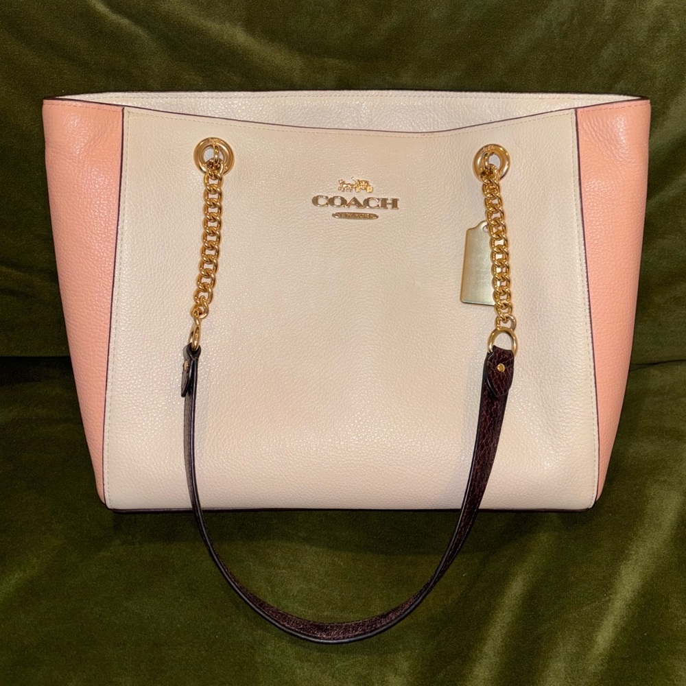 Coach Cammie Chain Tote in Cream & Peach with Snakeskin Handles